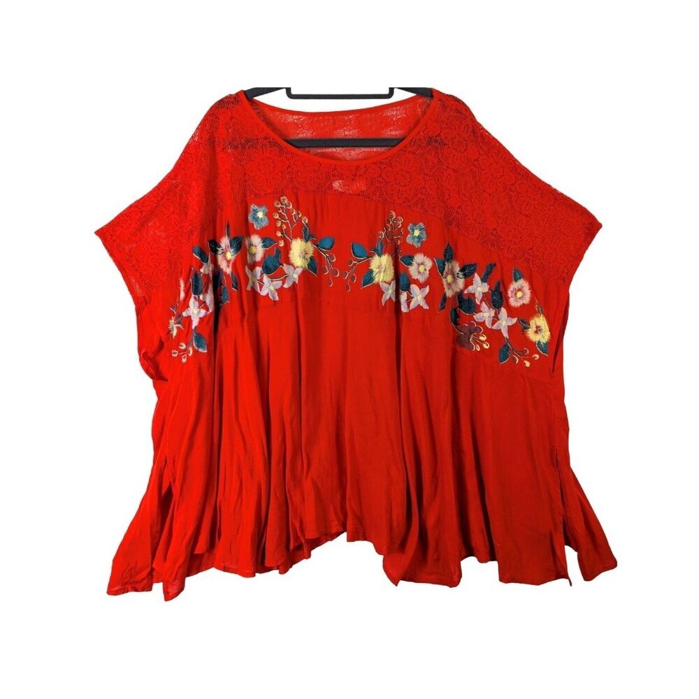 Entro Women size L Oversized Top Red Painted Floral Poncho Style Lace Flowy Boho